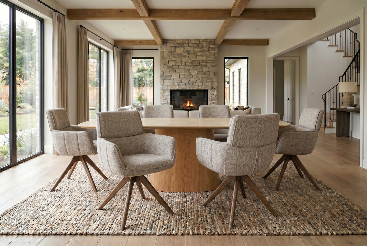 Swivel chair UNIQUE 180° auto-return w/ armrests textured fabric taupe beige brown