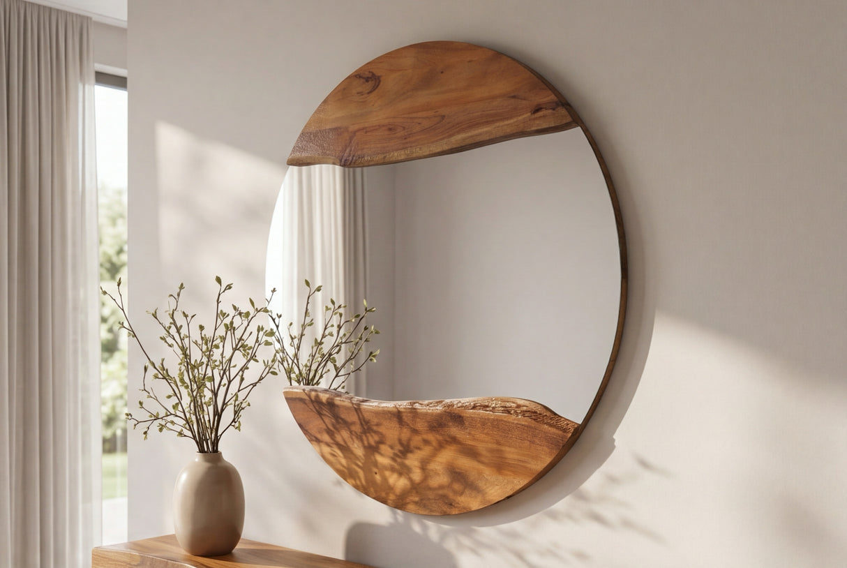 Wandspiegel LIVING EDGE 100cm rund, natürliche Kante, braunes Akazienholz