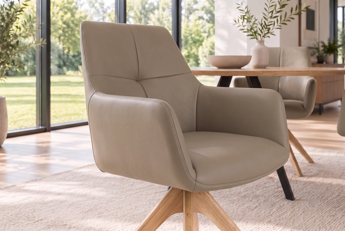 Swivel chair ALMARA 360° auto-return w/ armrests pocket spring core leather taupe oak wood frame