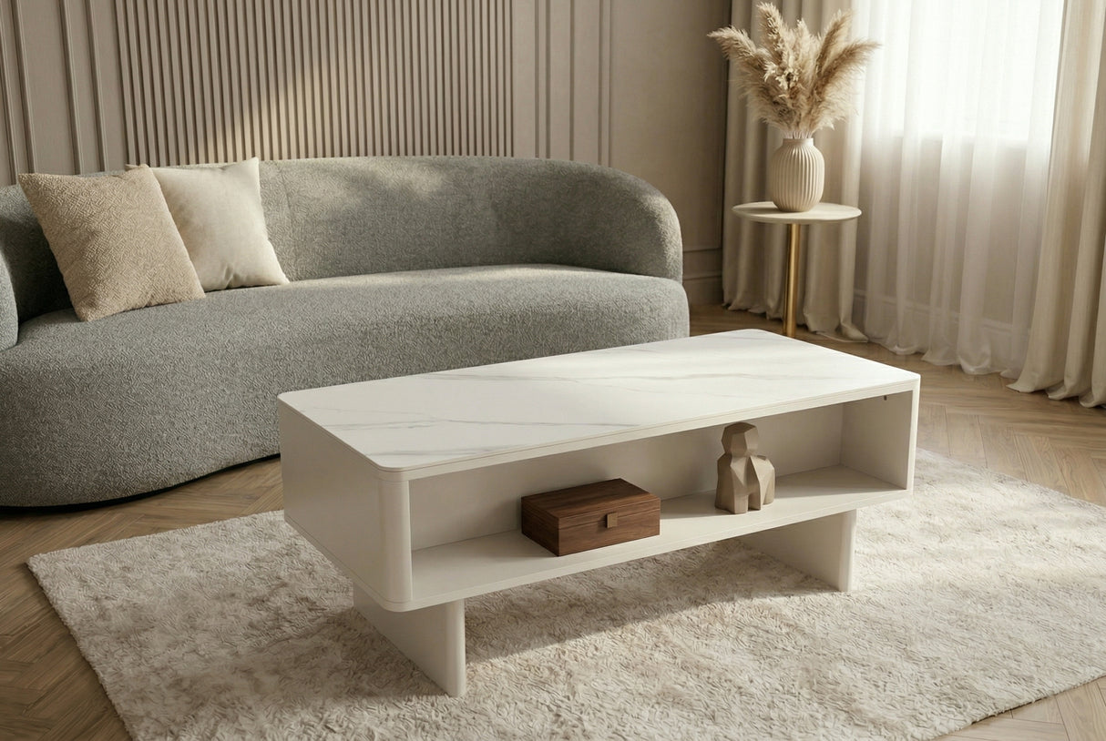 Couchtisch SAVOY 120 cm 3D weiß mit weißer Marmorkeramikplatte