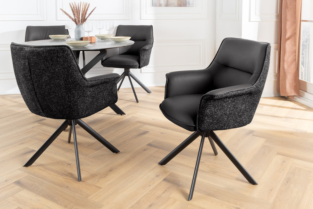 Swivel chair LE GRAND rotatable 180° w/ armrests textured cloth and leather black
