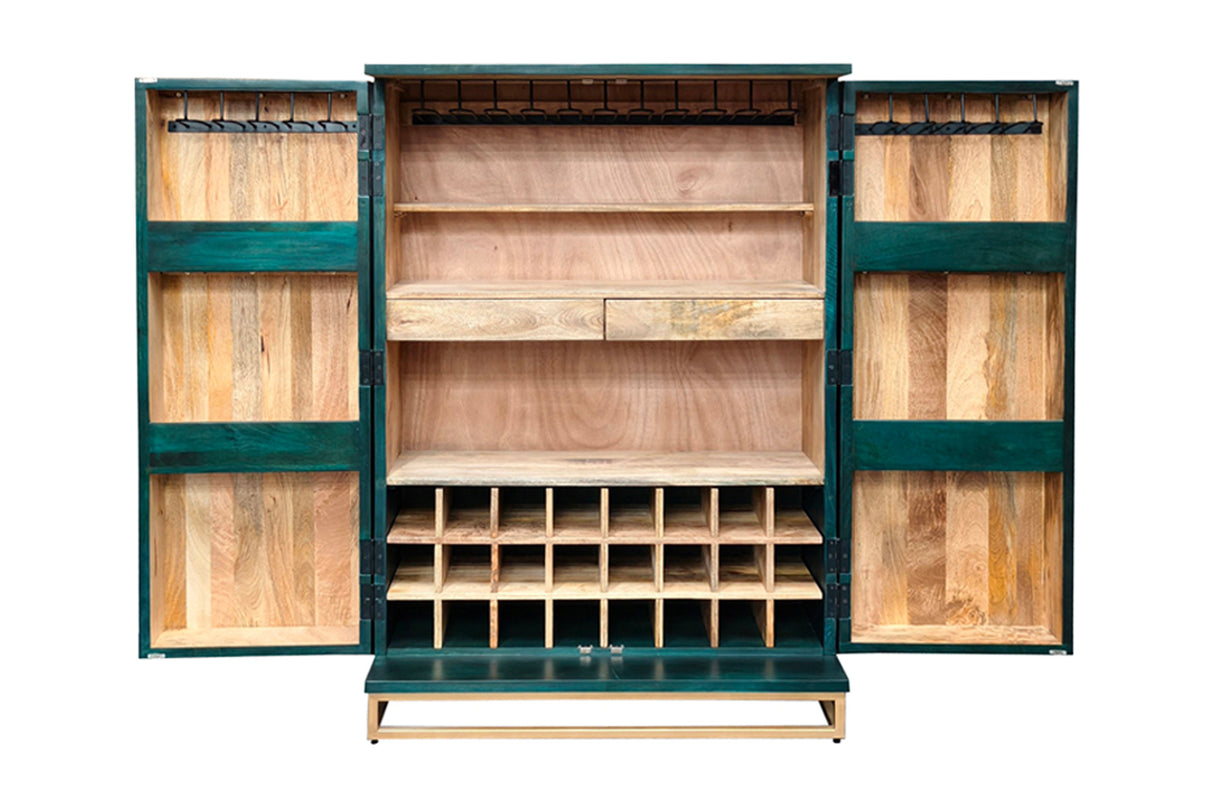 Barschrank GOLDEN SUNSET 140cm 3D Mangoholz türkis handgefertigt