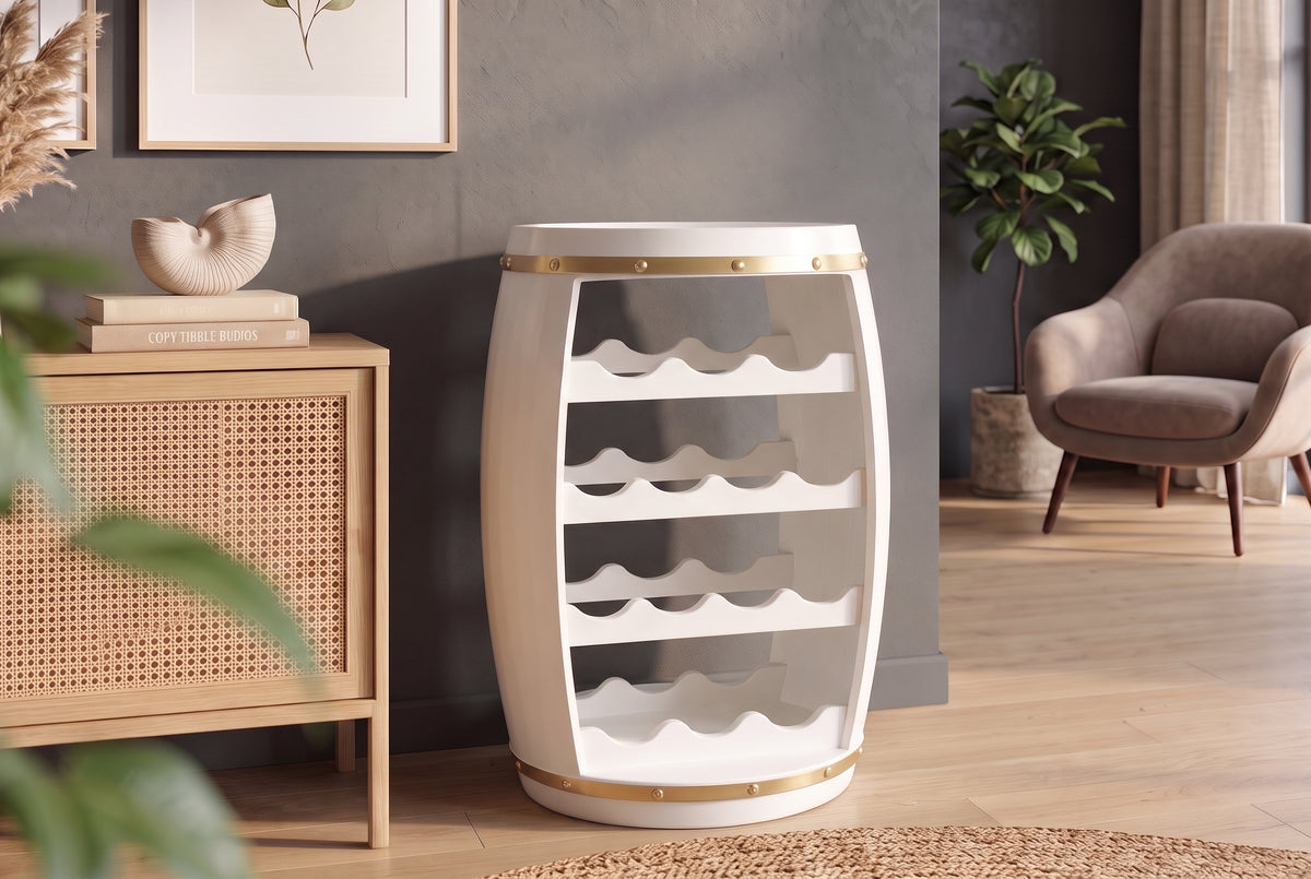 Wine barrel BODEGA 65cm for 14 bottles pine wood white