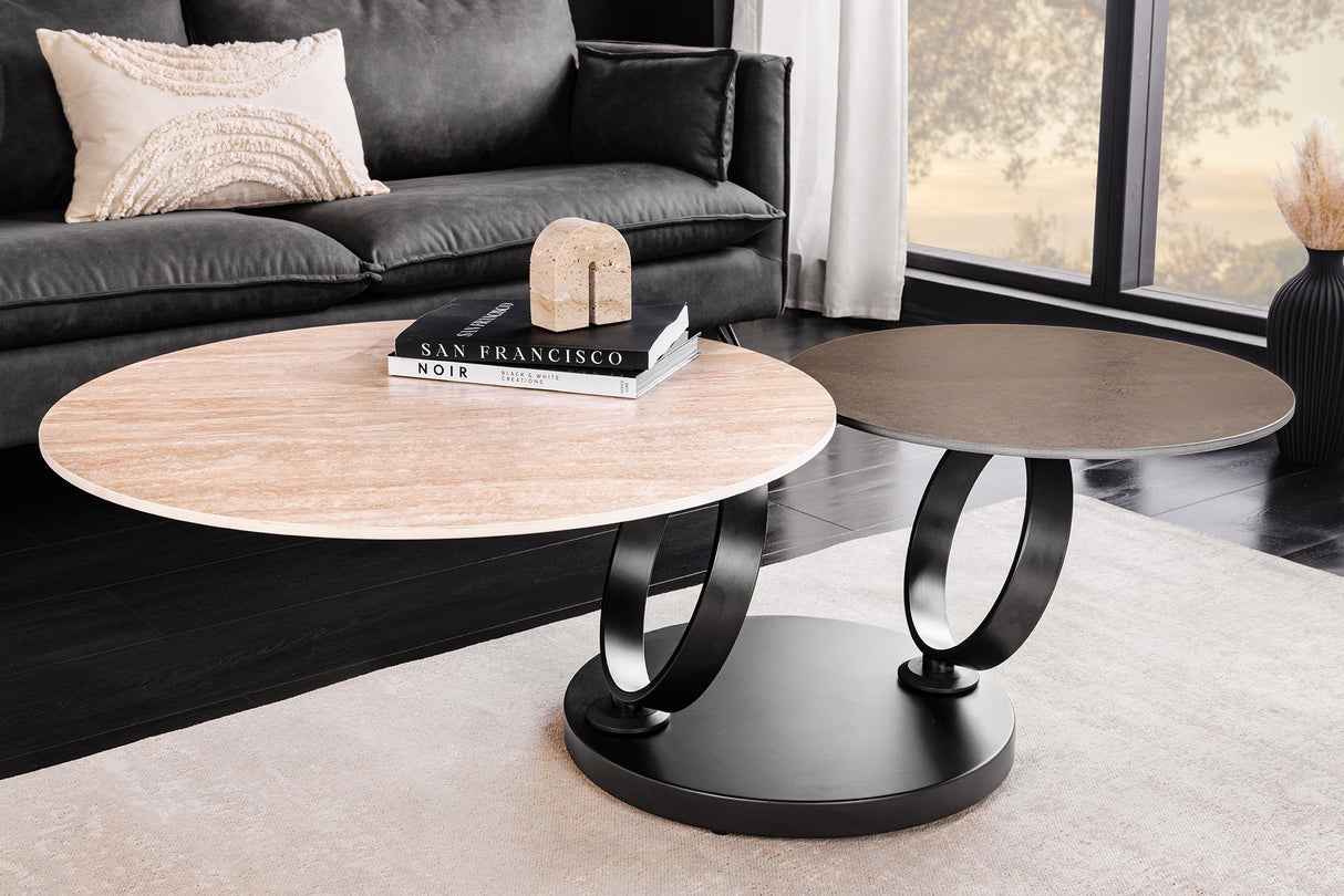 Couchtisch DANCING RINGS 80-135cm drehbare Keramikplatte Naturtravertin und Rostoptik