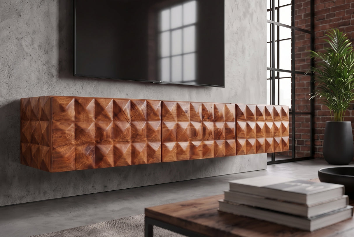 TV-Board VULCANO 160cm 3D hängend m. Kabeldurchlass Mangoholz natur