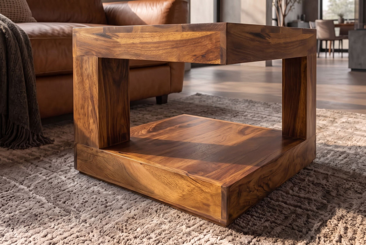 Coffee table GIANT S 45x45cm w/ open storage shelf sheesham wood natural stone finish