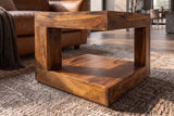 Coffee table GIANT S 45x45cm w/ open storage shelf sheesham wood natural stone finish