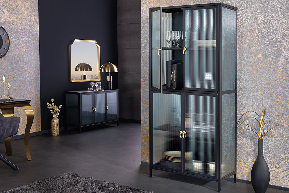 Vitrine AMSTERDAM 180cm Riffelglas schwarz