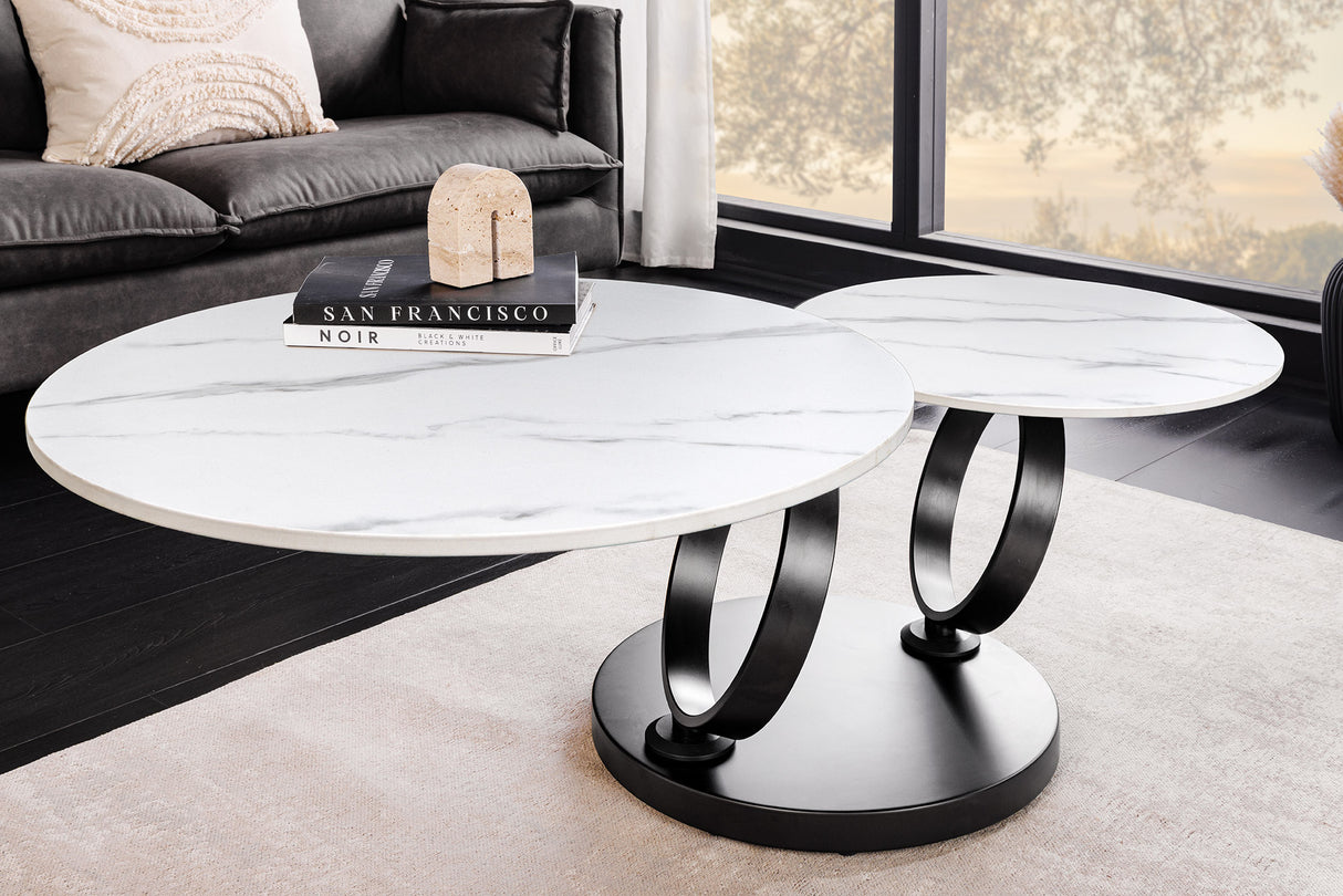 Couchtisch DANCING RINGS 80-135cm drehbar Keramikplatte weiß Marmoroptik