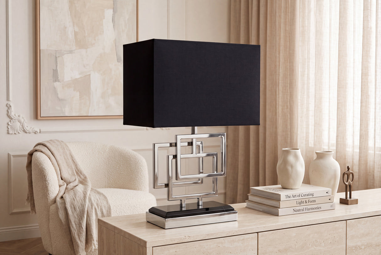 Table lamp ATLANTIS 56cm silver with fabric shade black