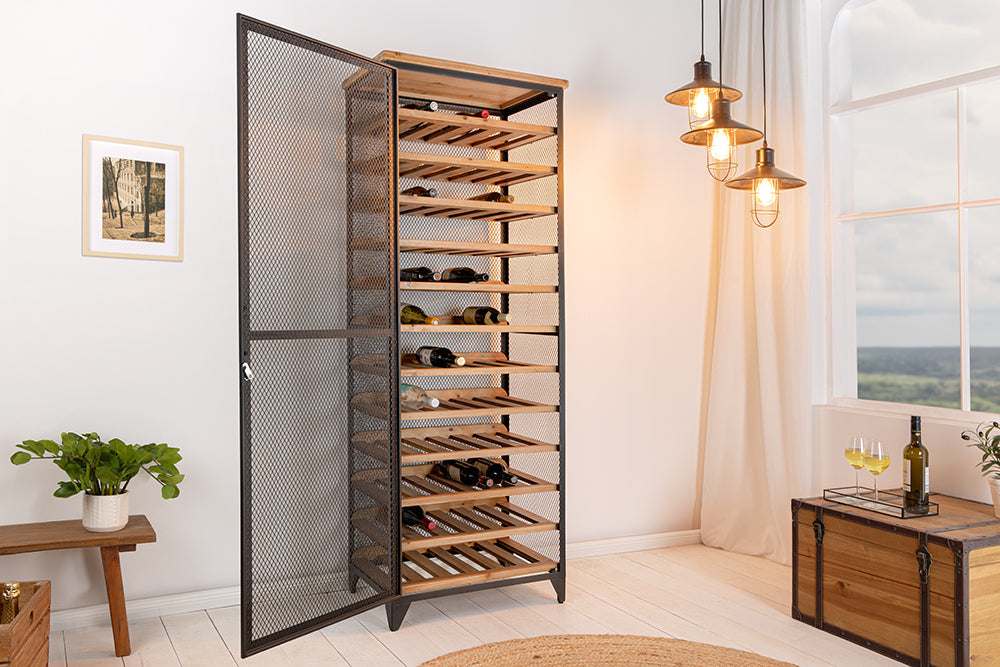 Weinschrank BODEGA 185cm Tannenholz natur mit schwarzem Metallrahmen