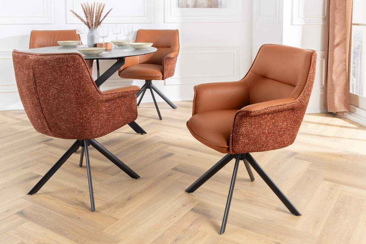 Swivel chair LE GRAND rotatable 180° w/ armrests textured cloth and leather cognac brown