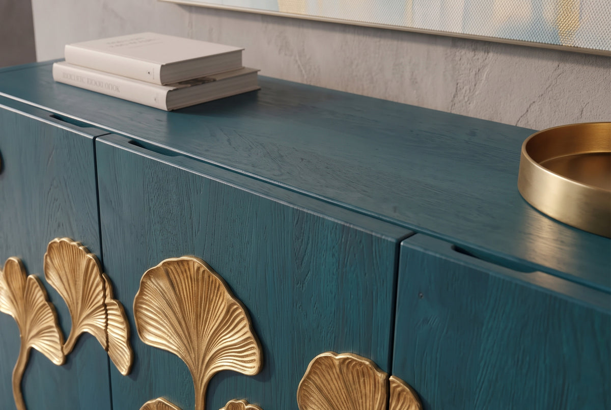 Sideboard GINKGO 160cm 3D ginkgo leaf front mango wood turquoise w/ gold metal frame