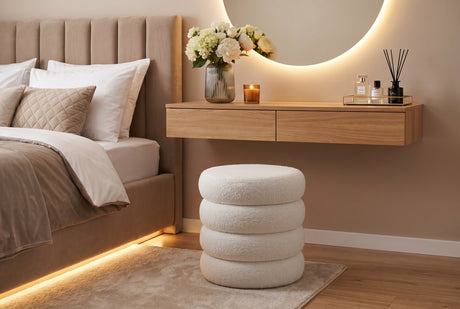 Stool VOGUE 40cm round upholstered w/ storage space bouclè white