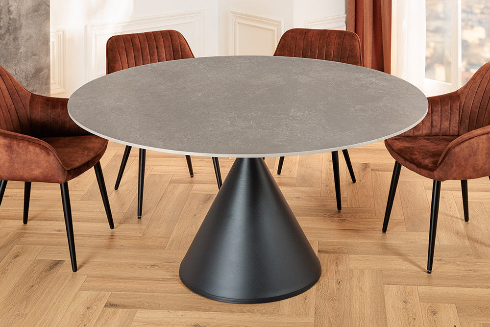 Esstisch SIGNATURE 135 cm, rund, schwarzer Metallrahmen, Platte aus grauem Keramikmarmor