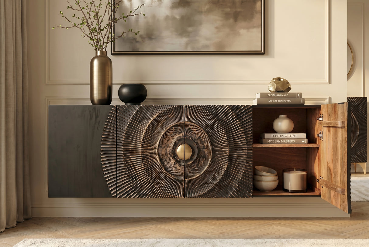 Sideboard GOLDEN SUNSET 180cm 3D hanging mango wood black