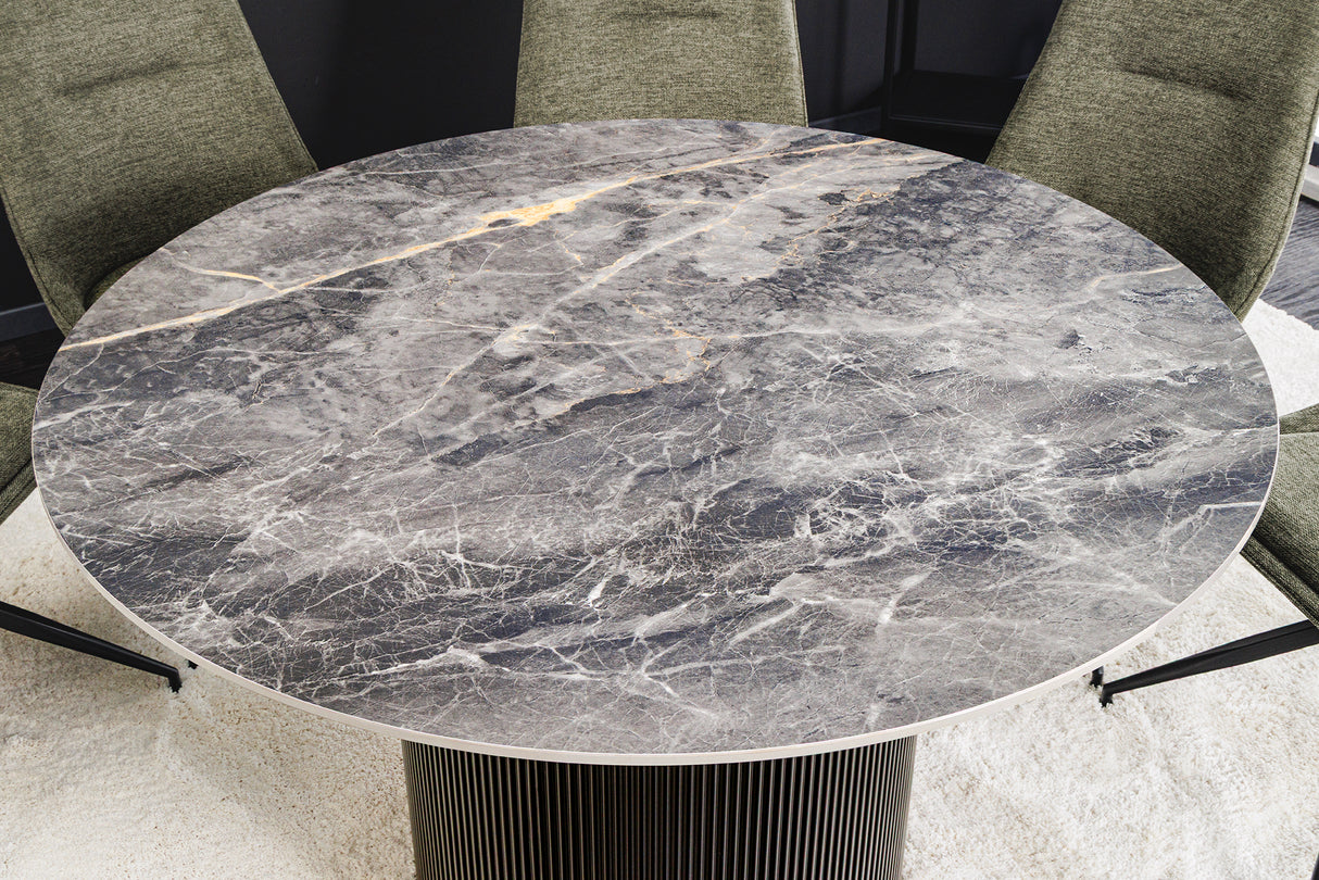 Dining table UNIQUE 120cm round dark frame ceramic grey marble top