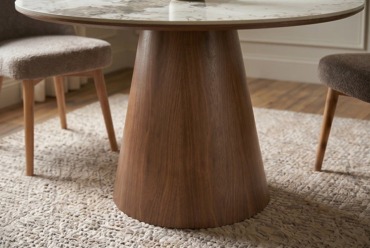 Dining table UNIQUE 120cm round oak wood verneered w/ pandora ceramic top white marble