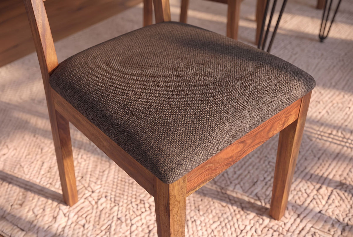 Chair MAKASSAR 80cm textured fabric grey and sheesham wood brown stone finish