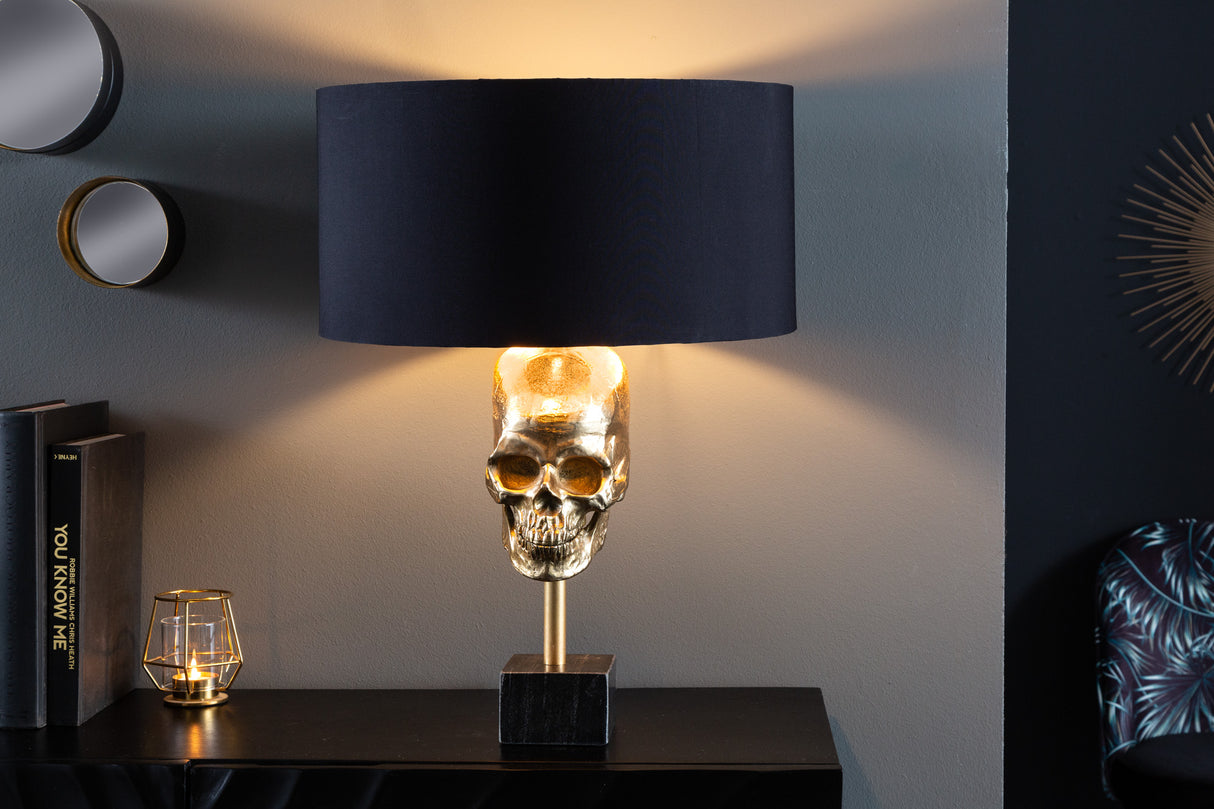 Tischleuchte SKULL 56cm gold Baumwollschirm schwarz