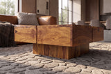 Coffee table BOLT 70cm square pedestal base sheesham wood brown stone finish