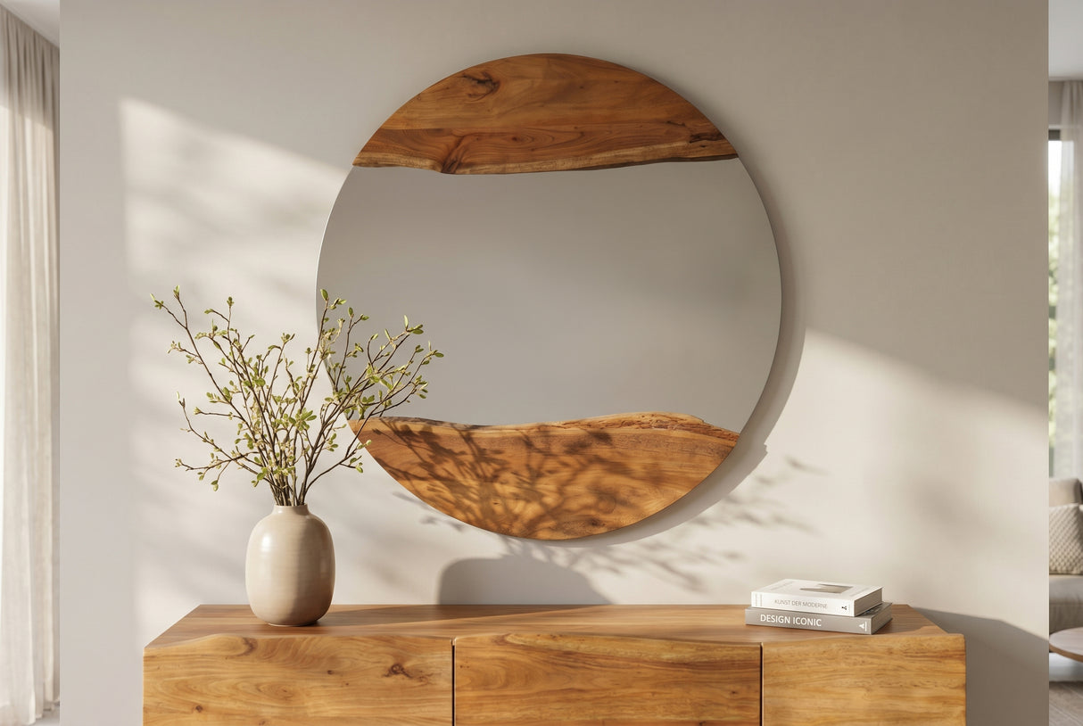 Wandspiegel LIVING EDGE 100cm rund, natürliche Kante, braunes Akazienholz