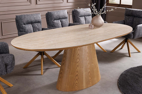 Dining table UNIQUE 160-200cm extendable oak wood look ceramic top travertine