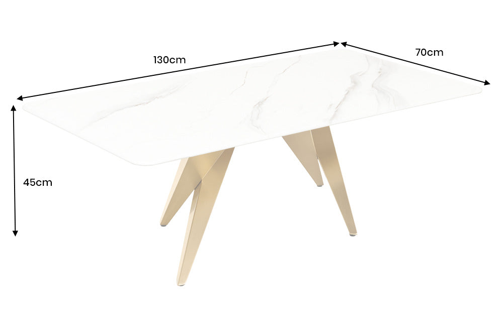 Couchtisch ART LIVING 130cm Keramikplatte aus weißem Marmor mit champagnergoldenem Rahmen