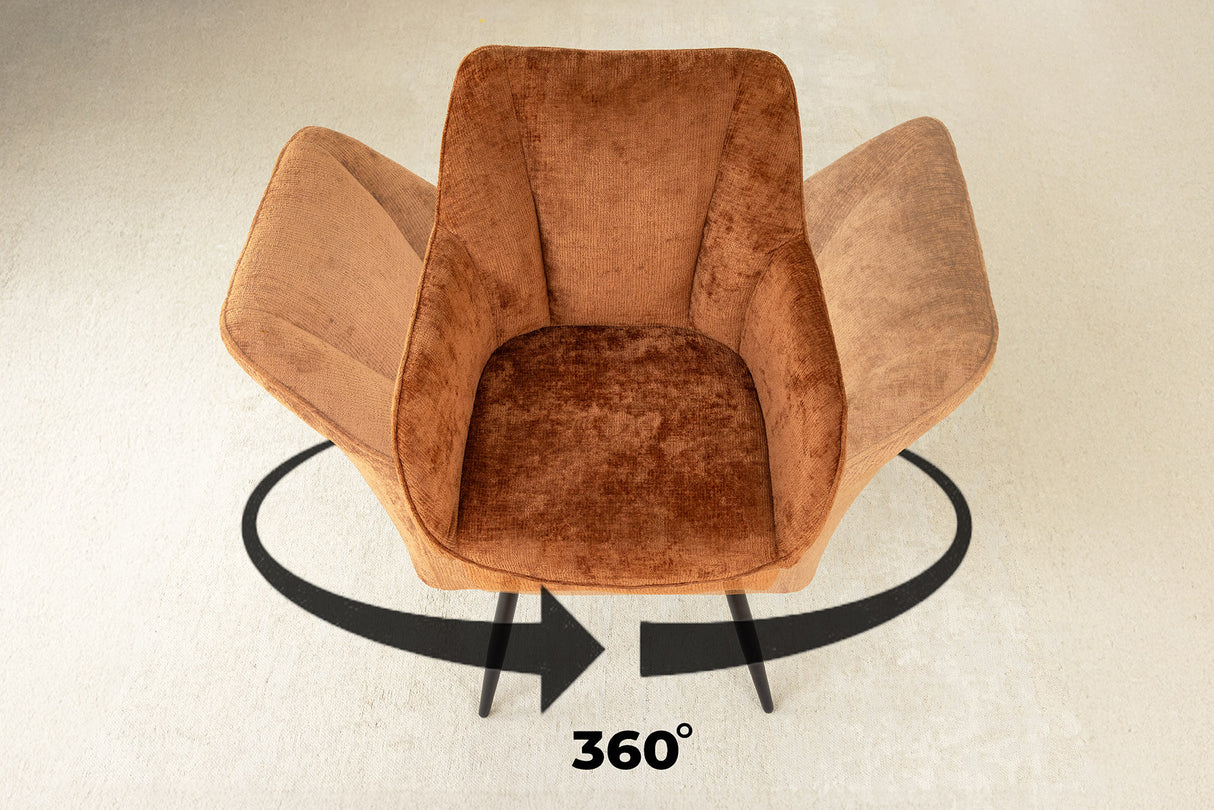 Swivel chair AVIGNON 360° w/ armrests chenille fabric rust brown and black legs