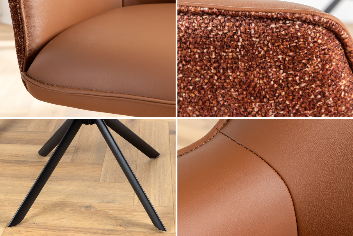 Swivel chair LE GRAND rotatable 180° w/ armrests textured cloth and leather cognac brown