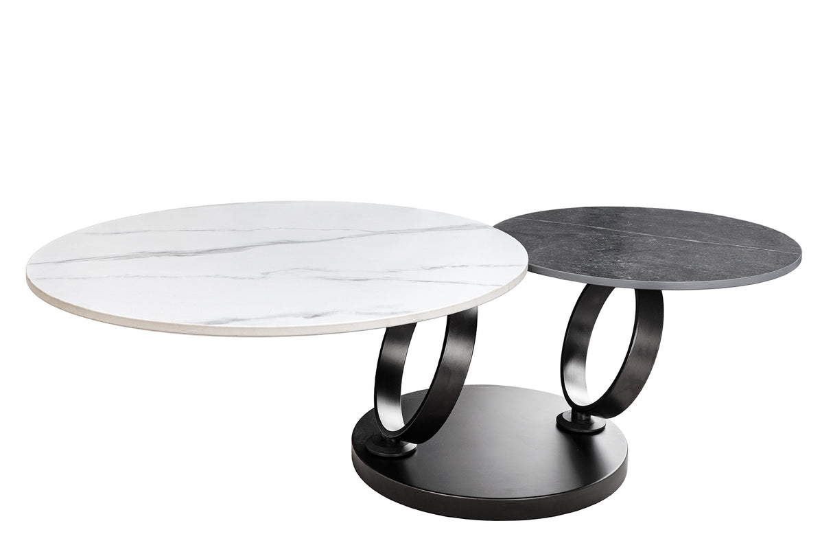Couchtisch DANCING RINGS 80-135cm drehbare Keramikplatte weiß und anthrazit Marmoroptik