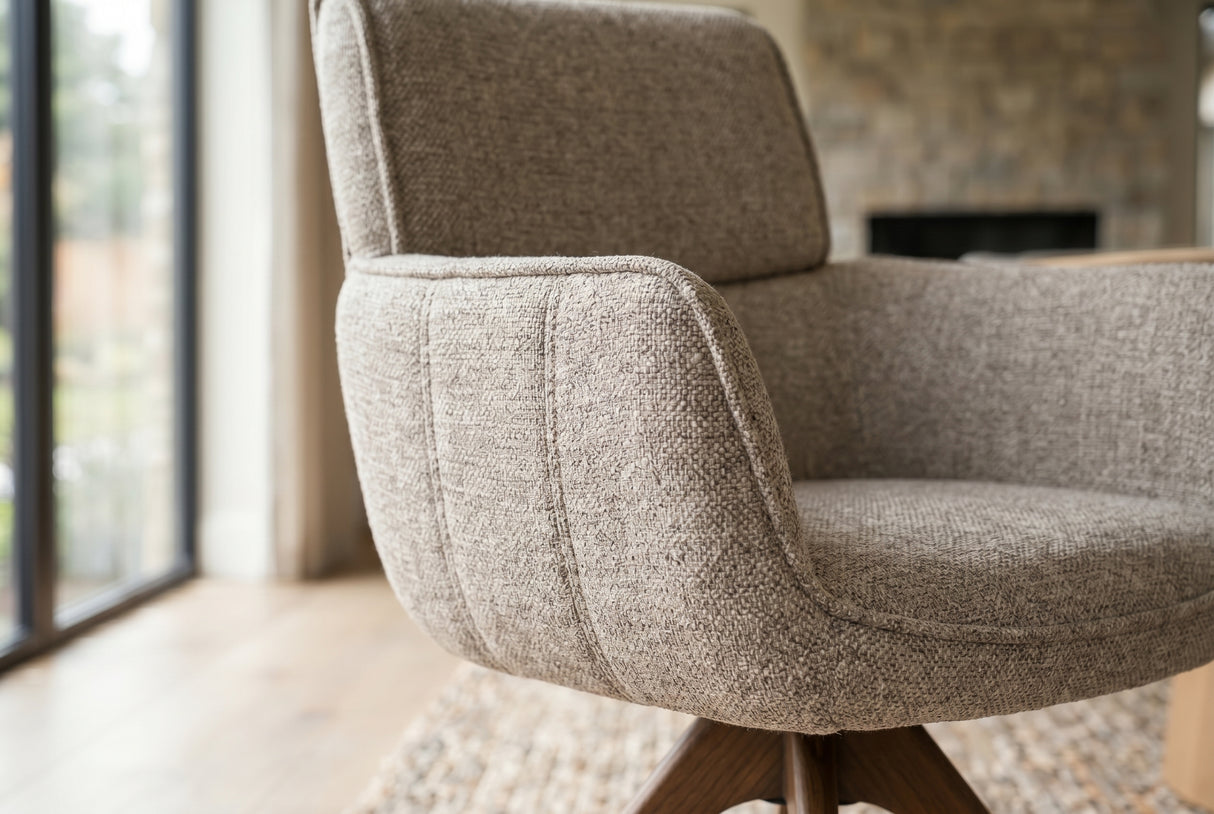 Swivel chair UNIQUE 180° auto-return w/ armrests textured fabric taupe beige brown