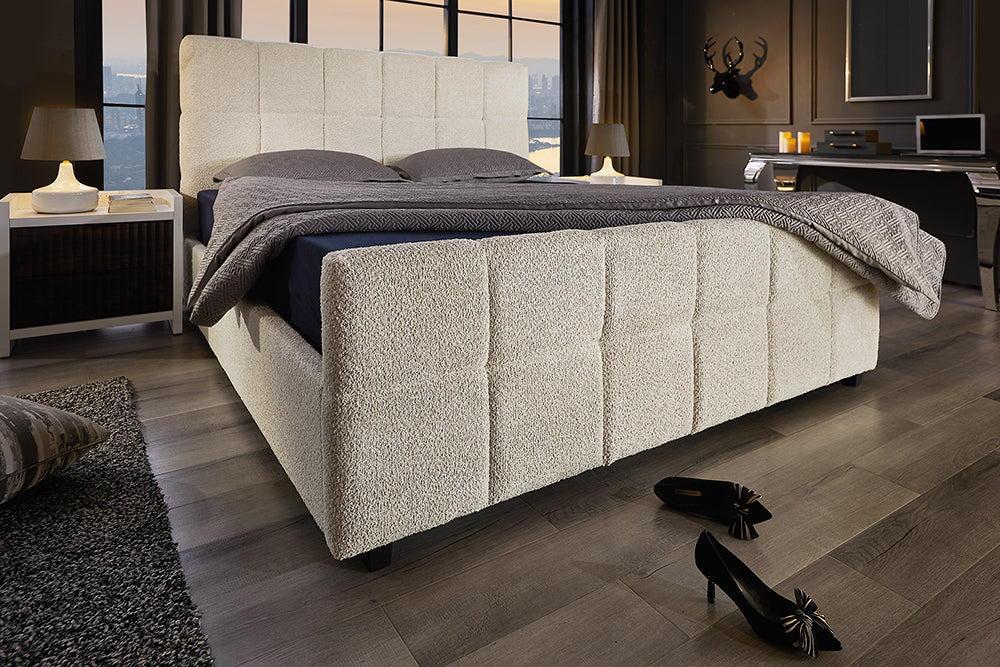 Bett PRESTIGE 180x200cm Bouclé cremefarben mit Stauraum