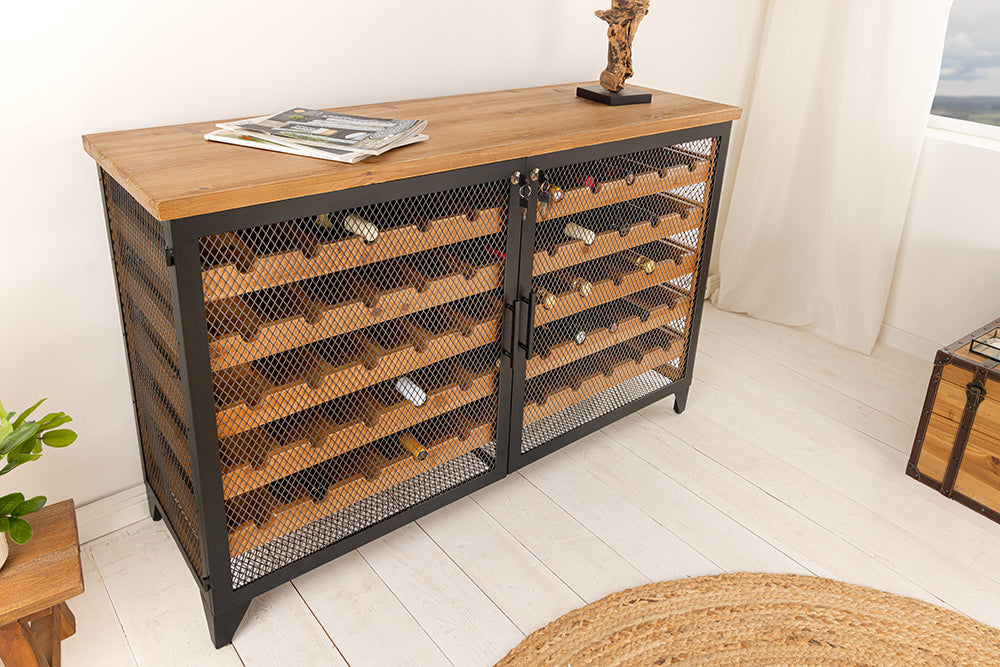 Weinschrank BODEGA 130cm für 55 Flaschen Tannenholz natur mit schwarzem Metallrahmen