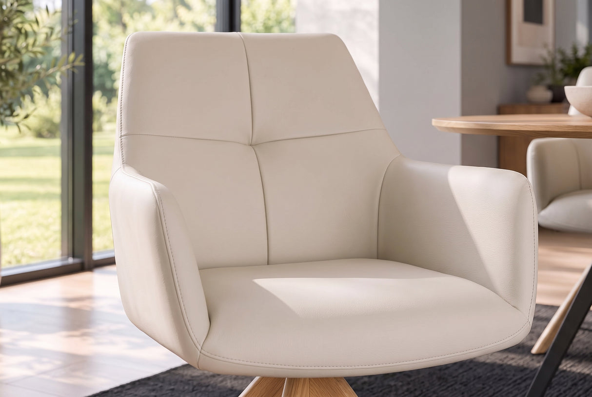 Swivel chair ALMARA 360° auto-return w/ armrests pocket spring core leather beige sand