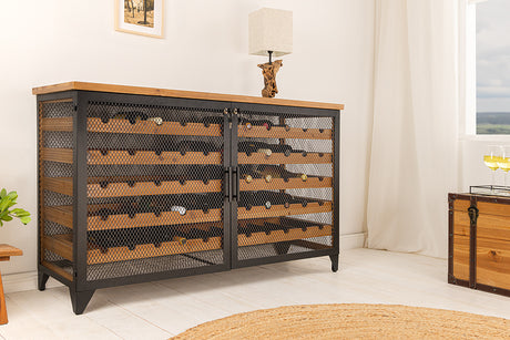 Weinschrank BODEGA 130cm für 55 Flaschen Tannenholz natur mit schwarzem Metallrahmen