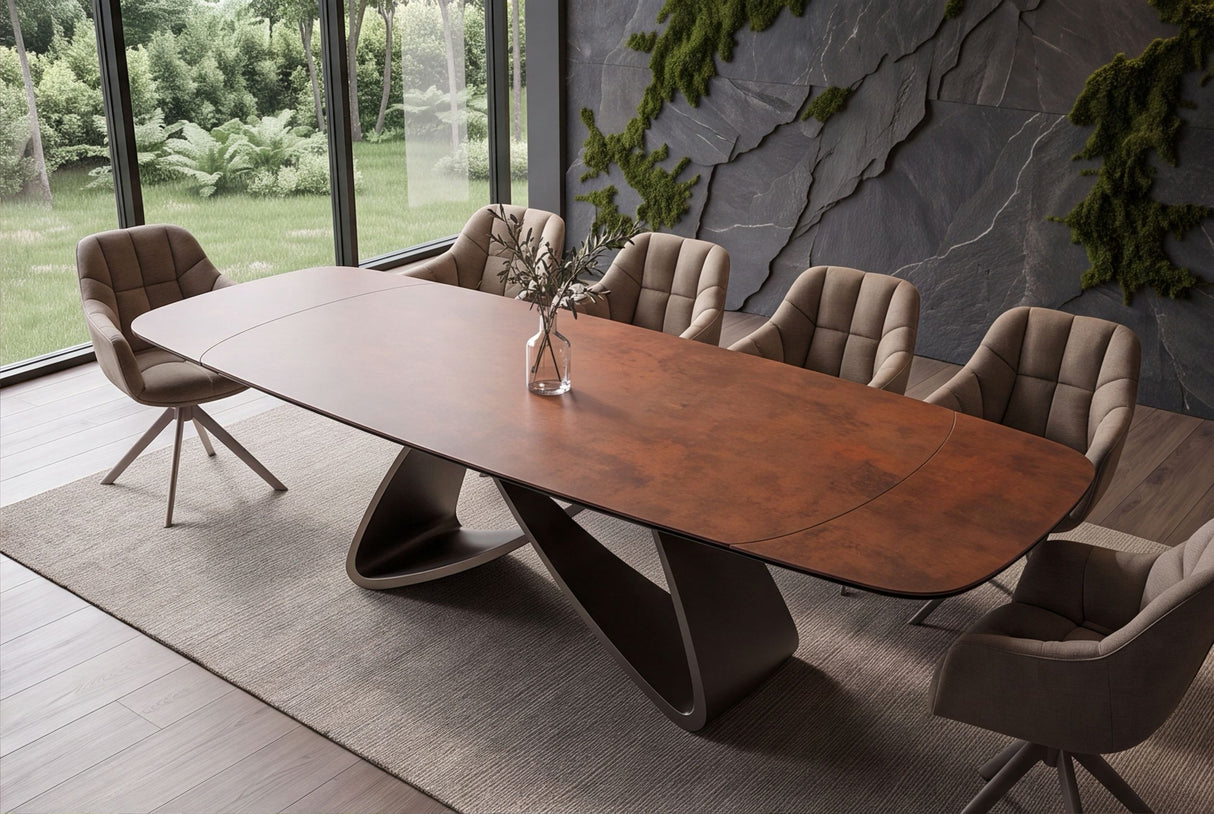 Dining table INFINITY 180-220-260cm boat-shaped extendable spanish ceramic rust brown
