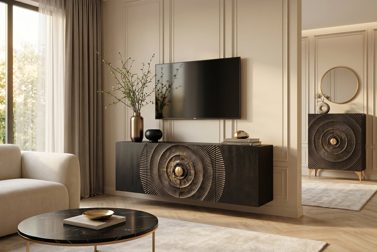 Sideboard GOLDEN SUNSET 180cm 3D hanging mango wood black