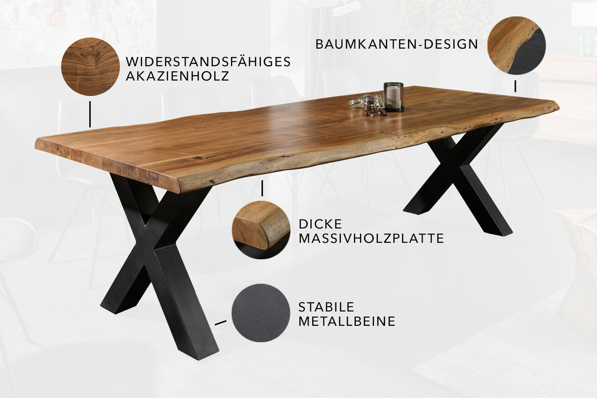 Esstisch MAMMUT 300cm X-Beine 60mm Akazienholz Honig Finish