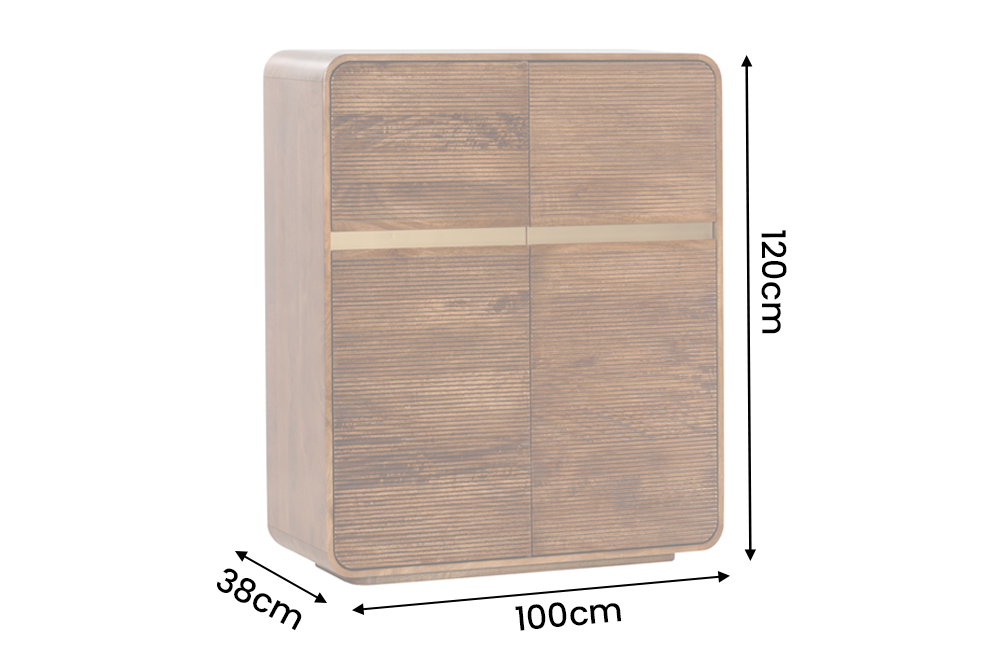 Highboard MONZA 120cm fluted front rounded edges mango wood brown w/ gold details