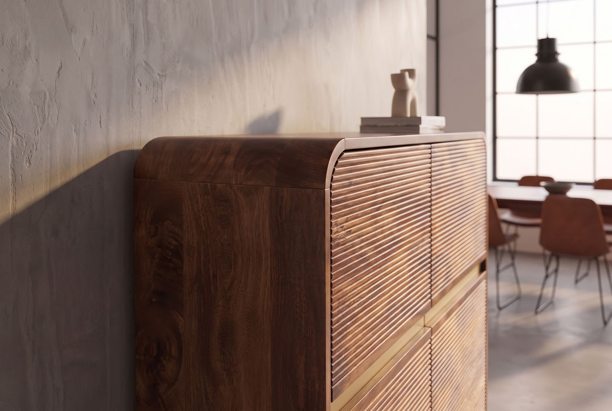 Highboard MONZA 120cm fluted front rounded edges mango wood brown w/ gold details