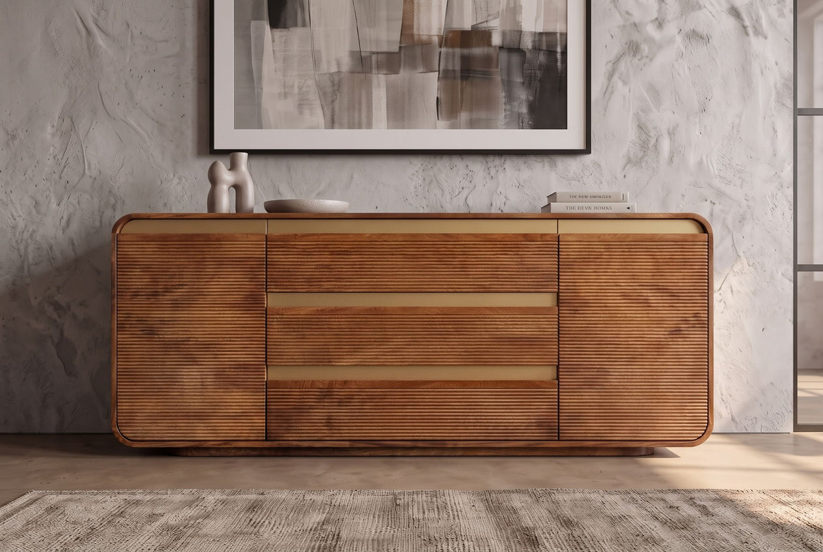 Sideboard MONZA 180cm fluted front rounded edges mango wood brown w/ gold details
