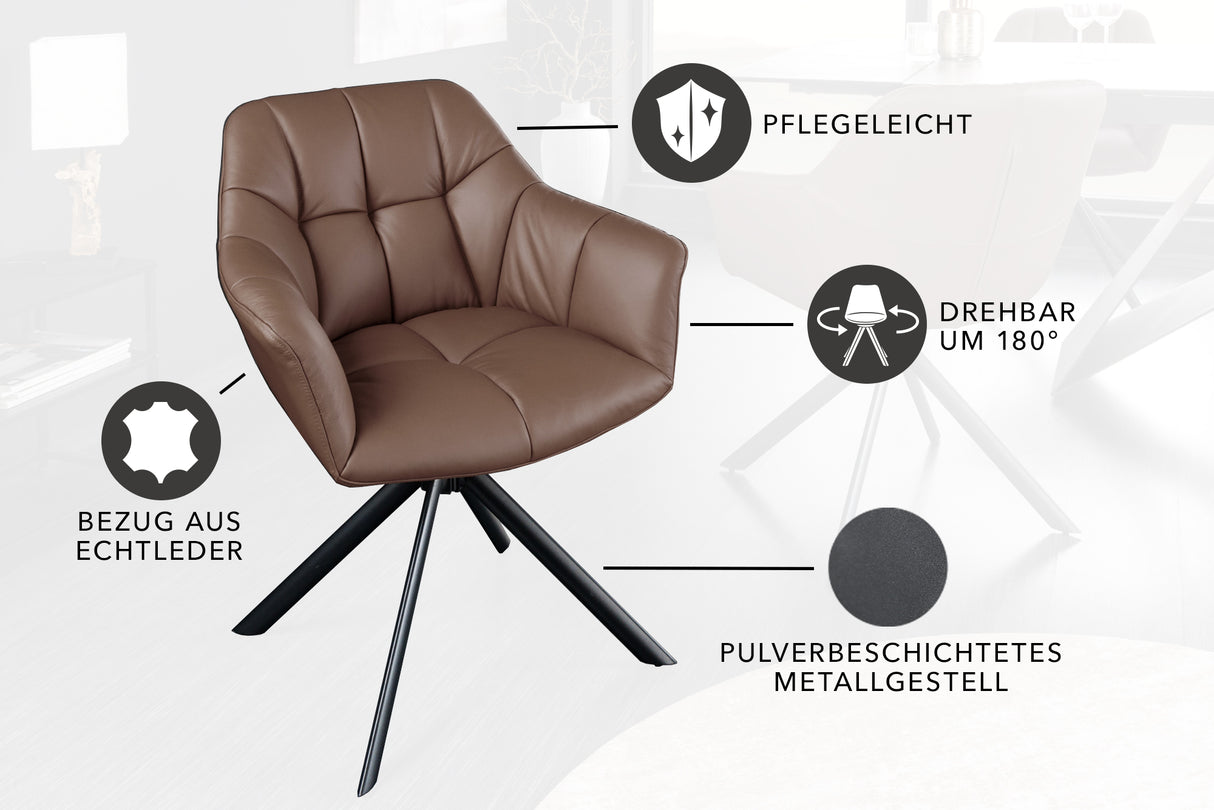 Swivel chair PAPILLON rotatable 180° with armrests Leather brown black