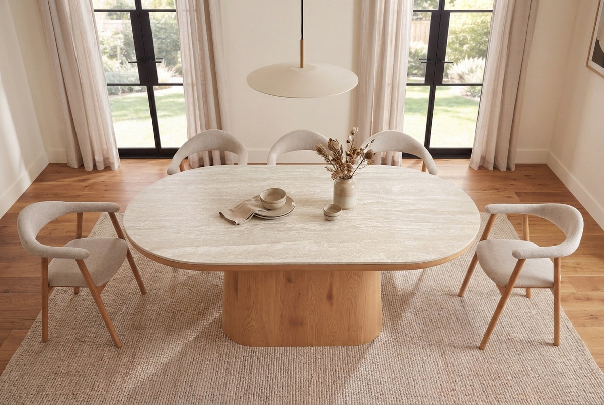 Dining table UNIQUE 200cm oval oak wood verneered w/ travertine top pedestal base