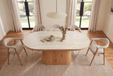 Dining table UNIQUE 200cm oval oak wood verneered w/ travertine top pedestal base