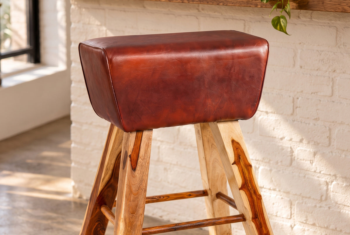 Barhocker TURNBOCK 75 cm Sitz gepolstert Mangoholz natur Echtleder kaffeebraun