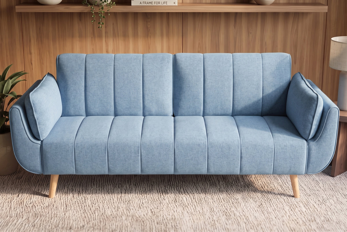 Schlafsofa DIVANI 220cm mit Armlehnenkissen Strukturstoff hellblau Holzfüße natur