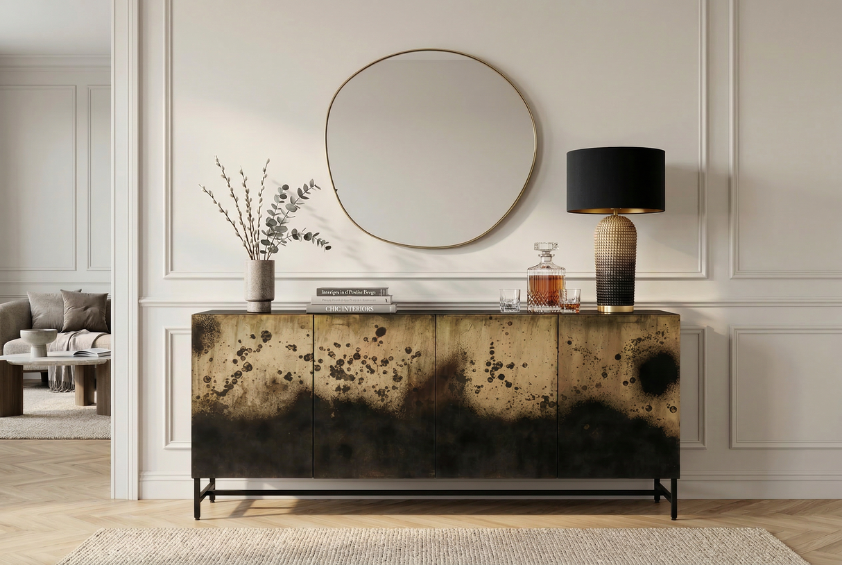 Sideboard OXID 180cm Metall schwarz gold massives Mangoholz