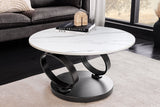 Couchtisch DANCING RINGS 80-135cm drehbar Keramikplatte weiß Marmoroptik