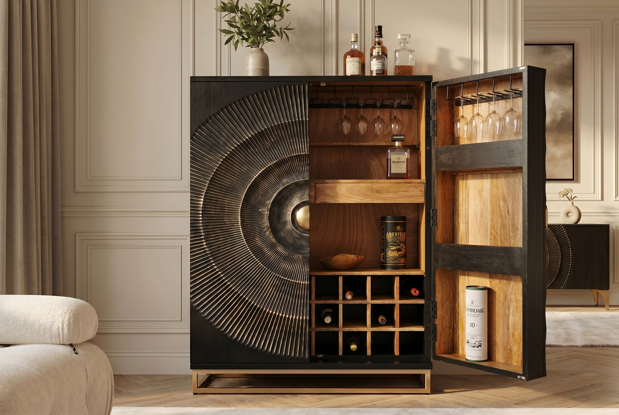 Barschrank GOLDEN SUNSET 140cm 3D Mangoholz schwarz